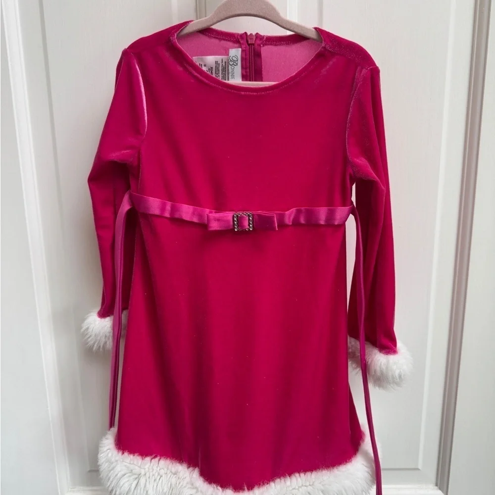 Bonnie Jean 3T Girls Pink & White Velvet Christmas Holiday Long Sleeve Dress - Picture 2 of 7